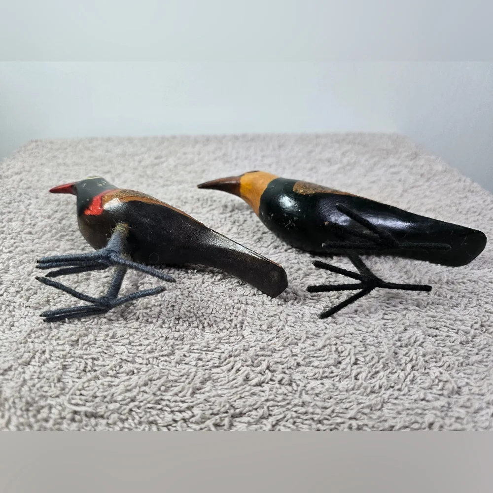 Handcrafted Wooden Bird Figurines - Red, Black, Brown